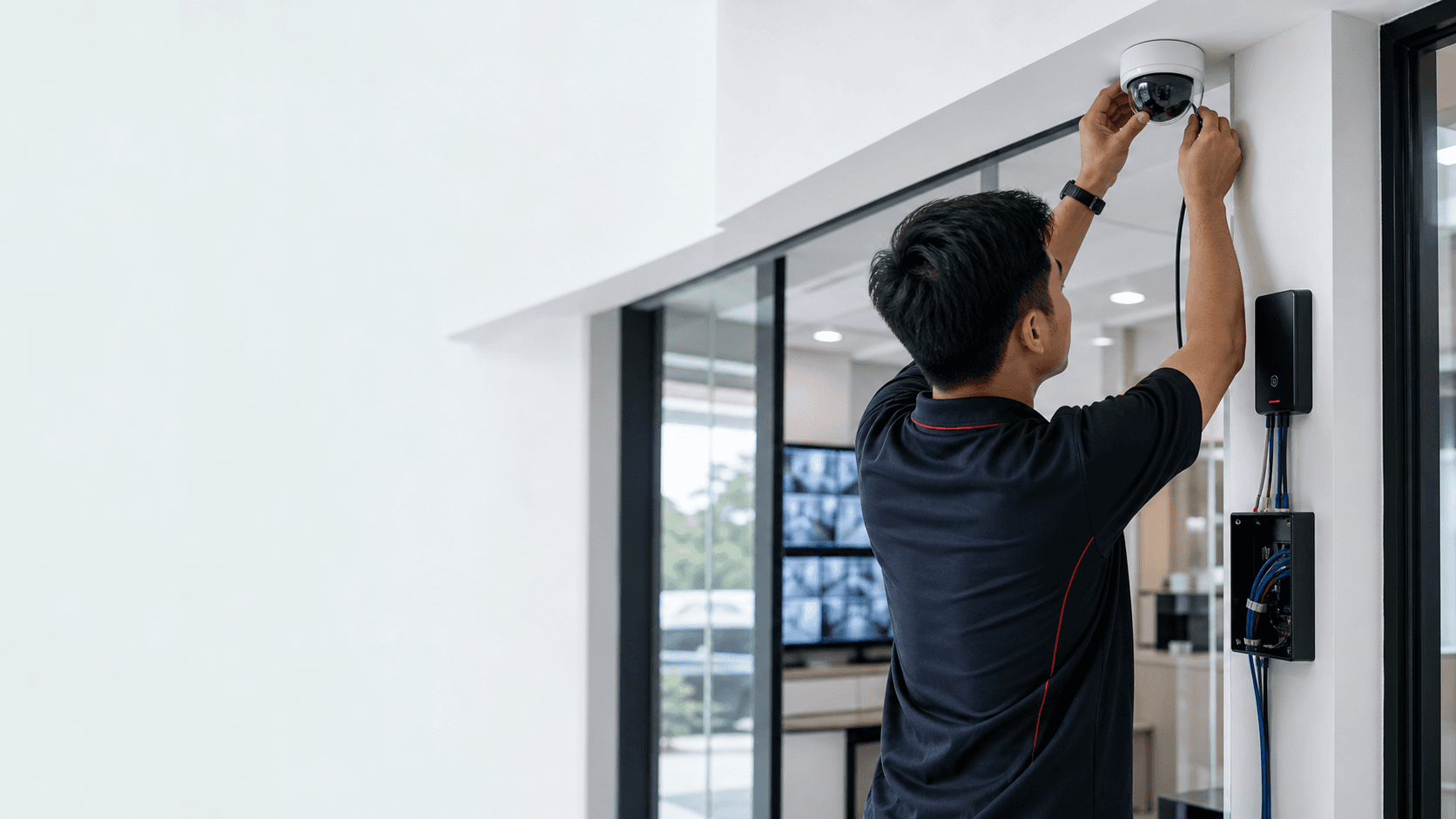Eyonic technician installing a CCTV camera and ELV cabling for a security system