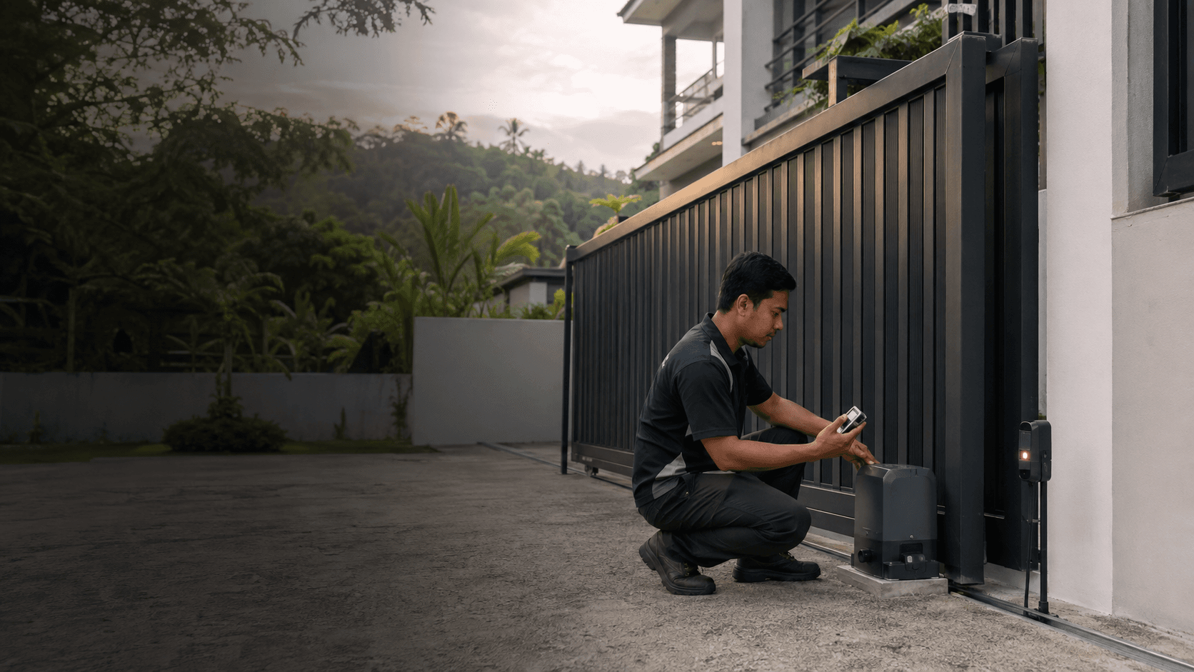 Professional technician commissioning an automatic driveway gate