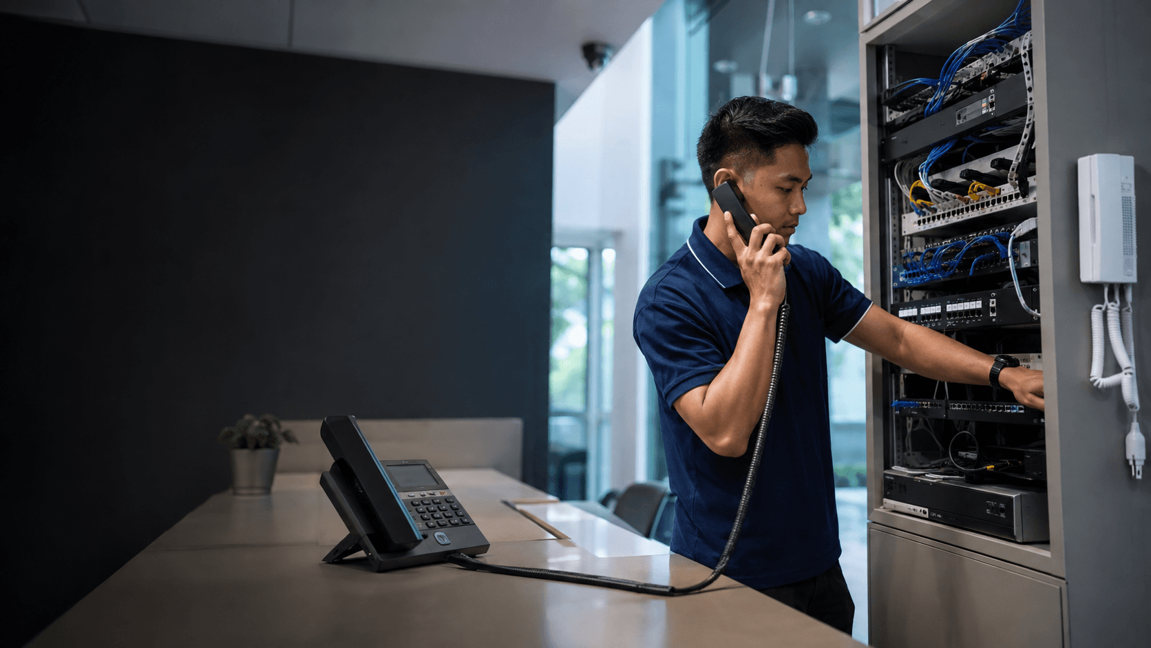 Telecommunications technician configuring a business keyphone system