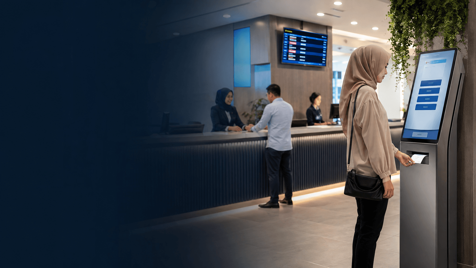 Modern electronic queue management kiosk in a customer service lobby
